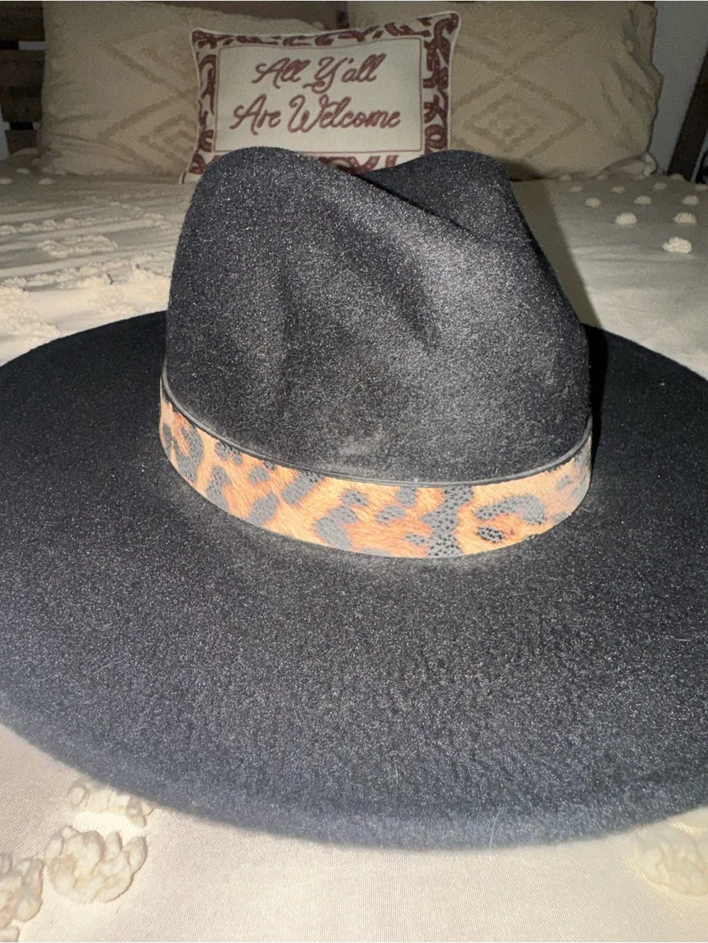 Black Wide-Brim Felt Hat with Leopard Accent Band